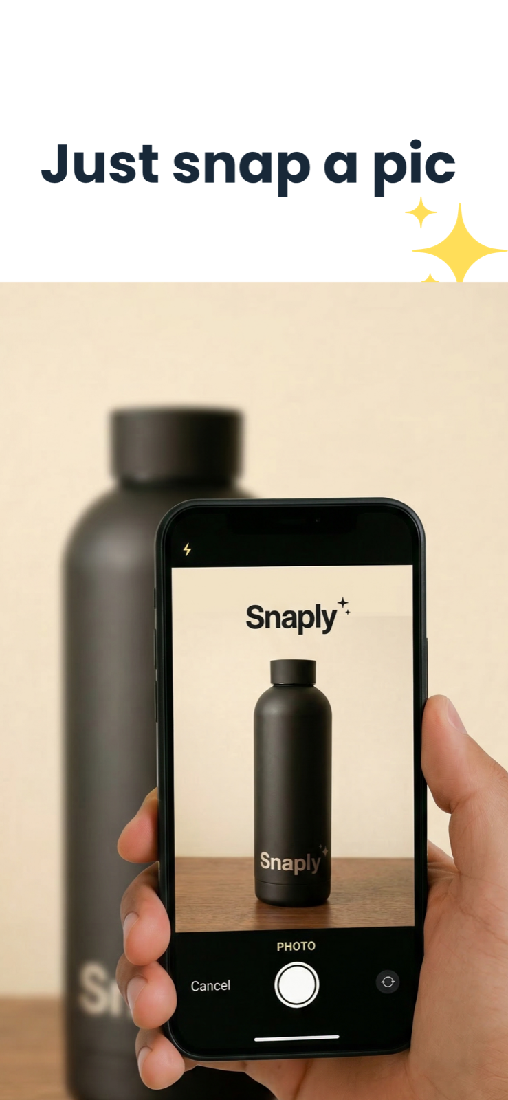 Snaply process showing a single product photo input before generation