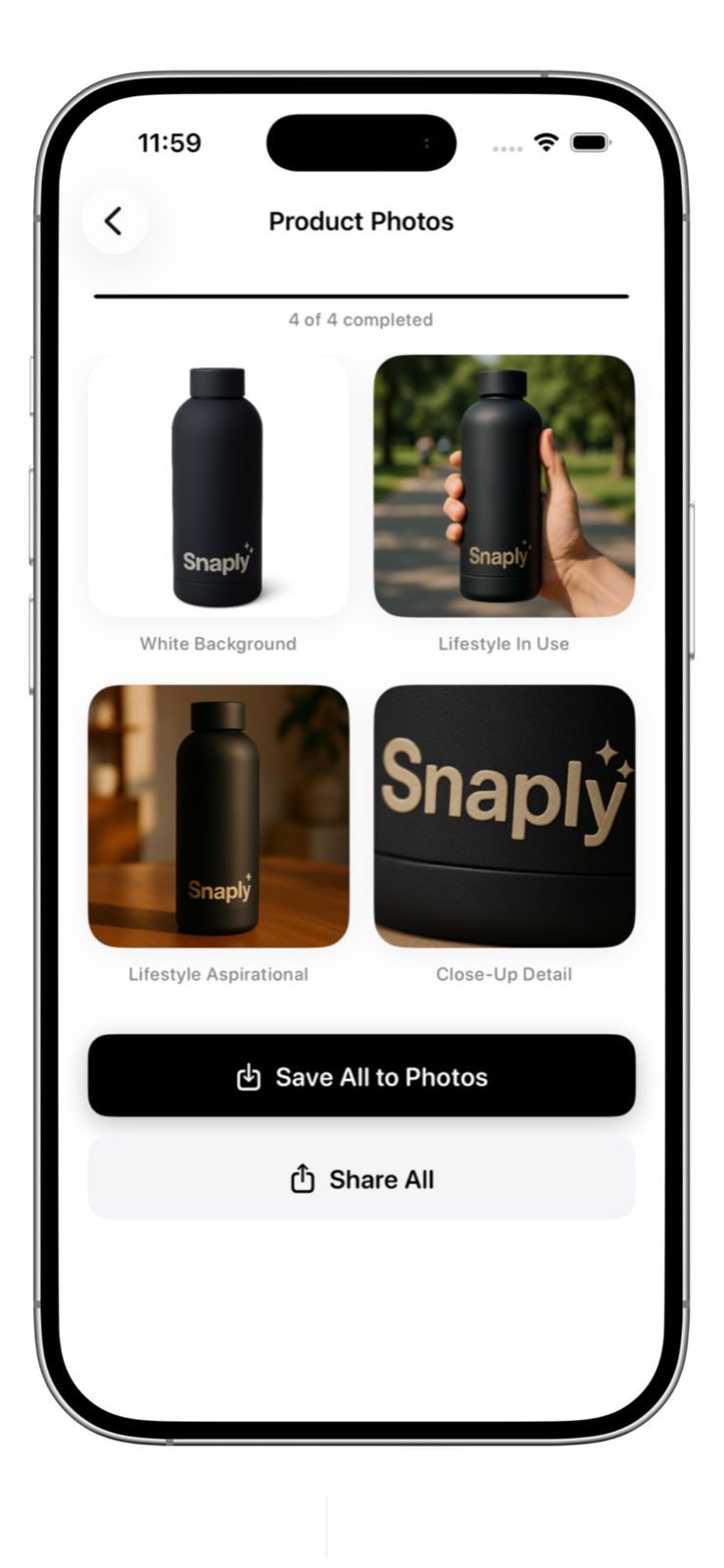 Snaply app showing four generated product photo types