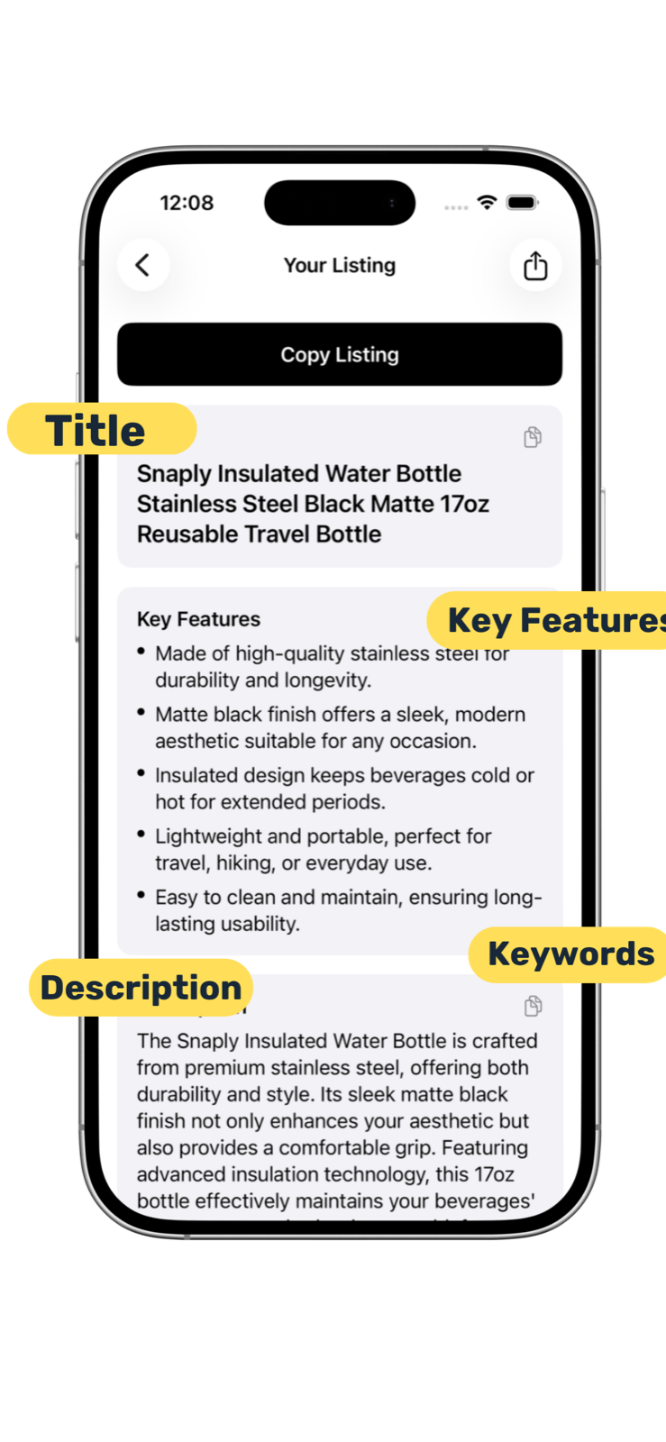Snaply listing output with title and key features